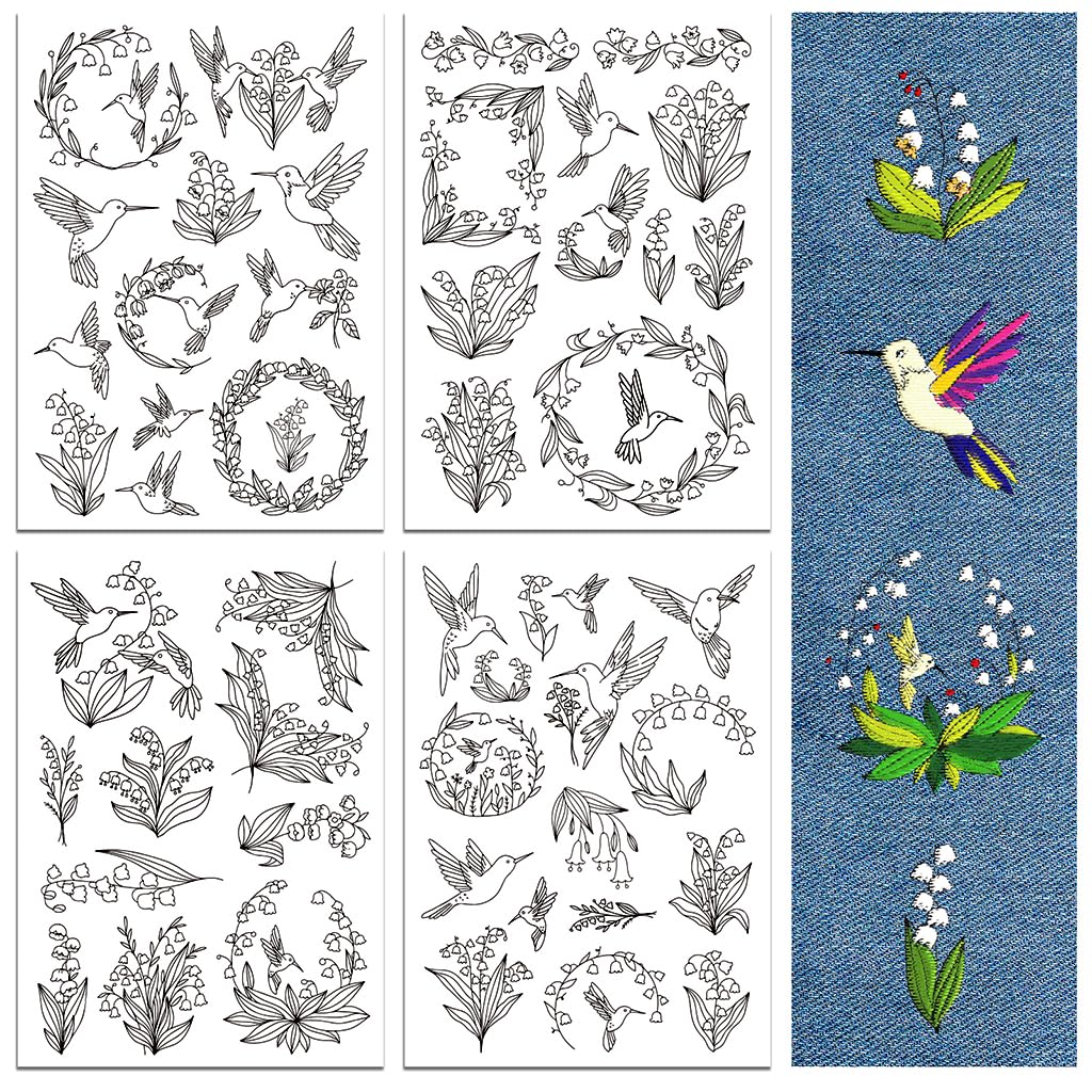 peacoblue Water Soluble Embroidery Patterns for Beginners 4 Sheets Hummingbird and Flower with 50pcs Patterns, Wash Away Stick and Stitch Embroidery Paper for Hand Sewing Lovers Women Adult — image 1