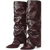 Synchoiss Womens Knee High Boots Wide Calf Chunky High Heel Boots Fashion Fold Over Boot Pointed Toe Winter Fall Tall Boots for Women Pull on Trendy