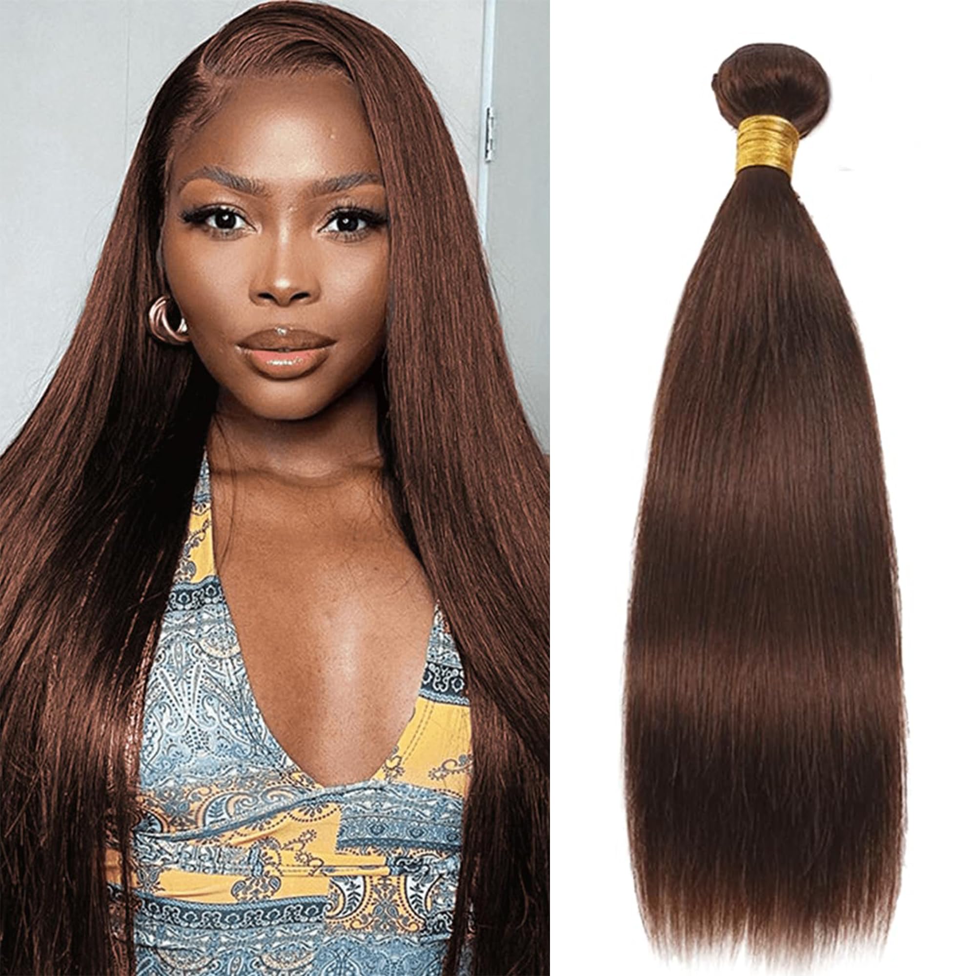 Photo 1 of #4 Chocolate Brown Bundles Human Hair Straight Bundles Unprocessed Brazilian Virgin Human Hair Bundle 18 Inch Single Bundle Double Weft Weave Hair Extension for Women 100g Total