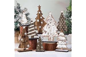 Moucuny 8 Pcs Wooden Christmas Trees Tabletop Decor Rustic Christmas Decor Wooden Trees Sign for Home Office Fireplace Farmhouse Party Xmas Centerpieces (Retro)