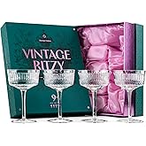 GLASSIQUE CADEAU Vintage Ritzy Cocktail and Champagne Coupe Glasses | Set of 4 | 7 oz Crystal Long Stemmed Glassware for Drinking Martini, Cosmopolitan, Manhattan | Retro Saucers