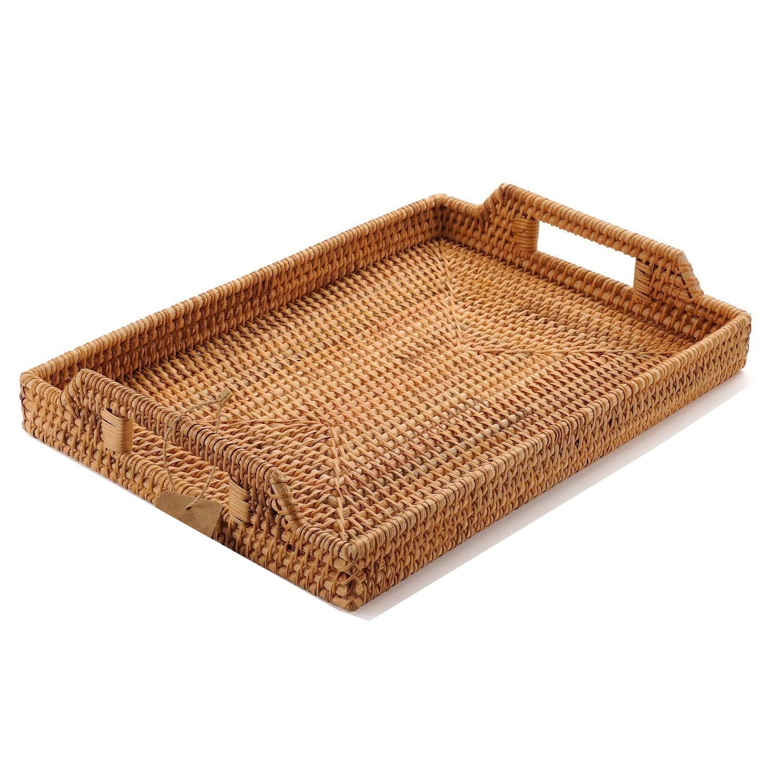 Photo 1 of Hand-Woven Rattan Serving Tray with Handles for Breakfast, Drinks, Snack for Dining/Coffee Table (17 inch (43 cm), Rectangular)