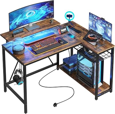 Bestier 106.5cm L Shaped Desk with 3 Outlets 2 USB LED RGB Lights