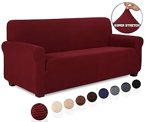 TIANSHU Stretch Jacquard Couch Cover, 1-Piece Couch Cover for Sofa, 3 Cushion Sofa Slipcover for Living Room, Soft/Durable/Stay in Place Furniture Covers (Sofa, Dark Wine)