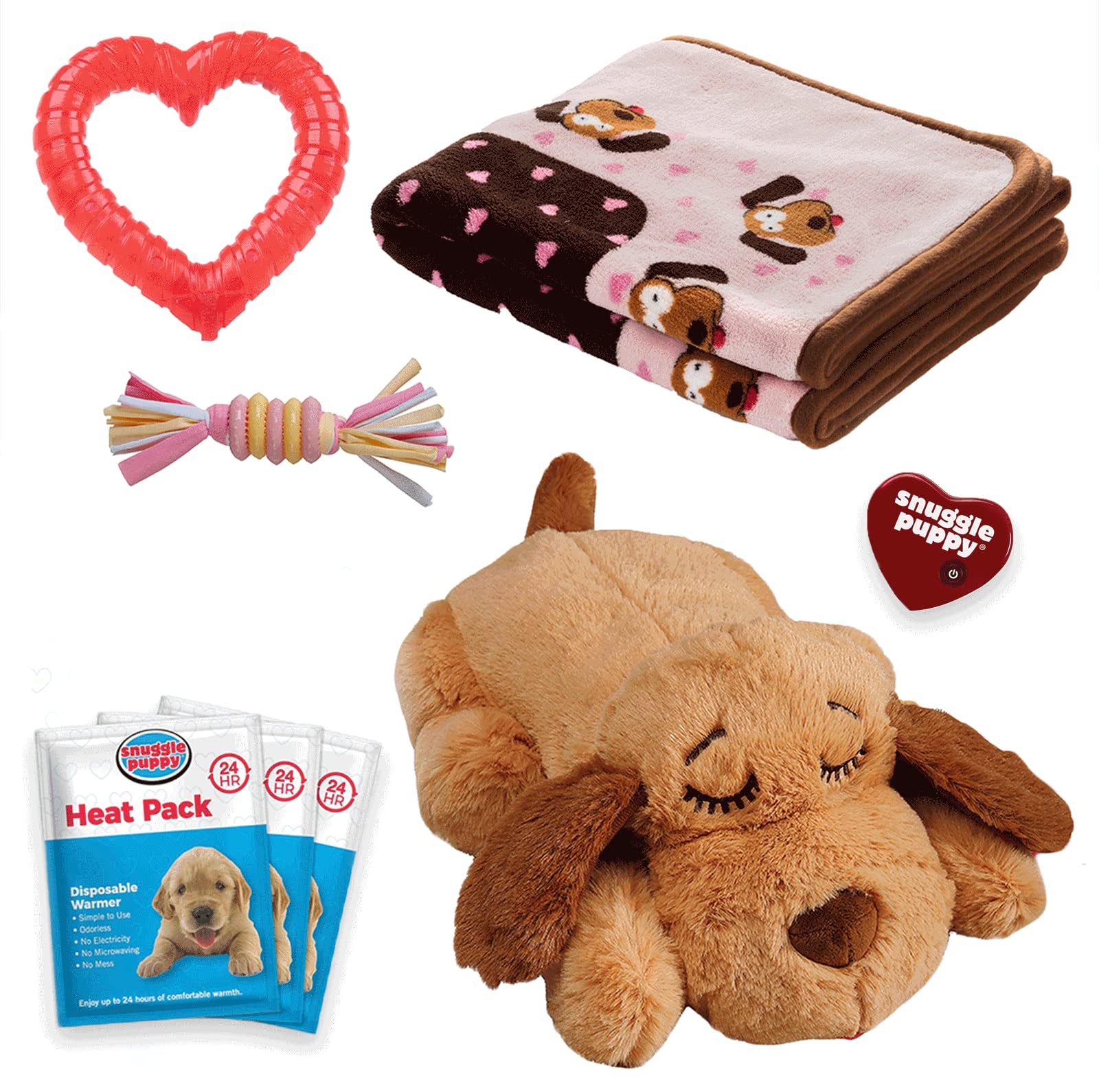 Snuggle Puppy Original Essentials Starter Kit. Heartbeat Dog Toy and Calming Aid with 3 Heat Packs, Puppy Teething Toy, Dog Chew Toy and Dog Blanket. (Pink)