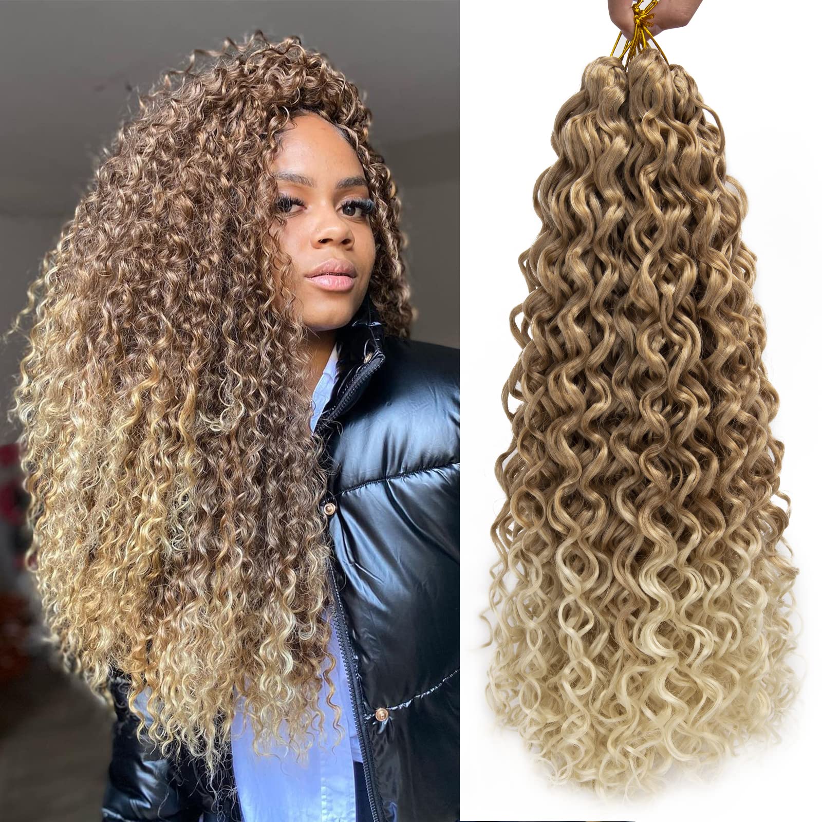Photo 1 of GoGo Curl Crochet Hair for Women Water Wave Curly Crochet Hair Wavy Human Hair Deep Wave Beach Curl Crochet Synthetic Hair Extensions (18 inch(Pack of 6), T27/613)