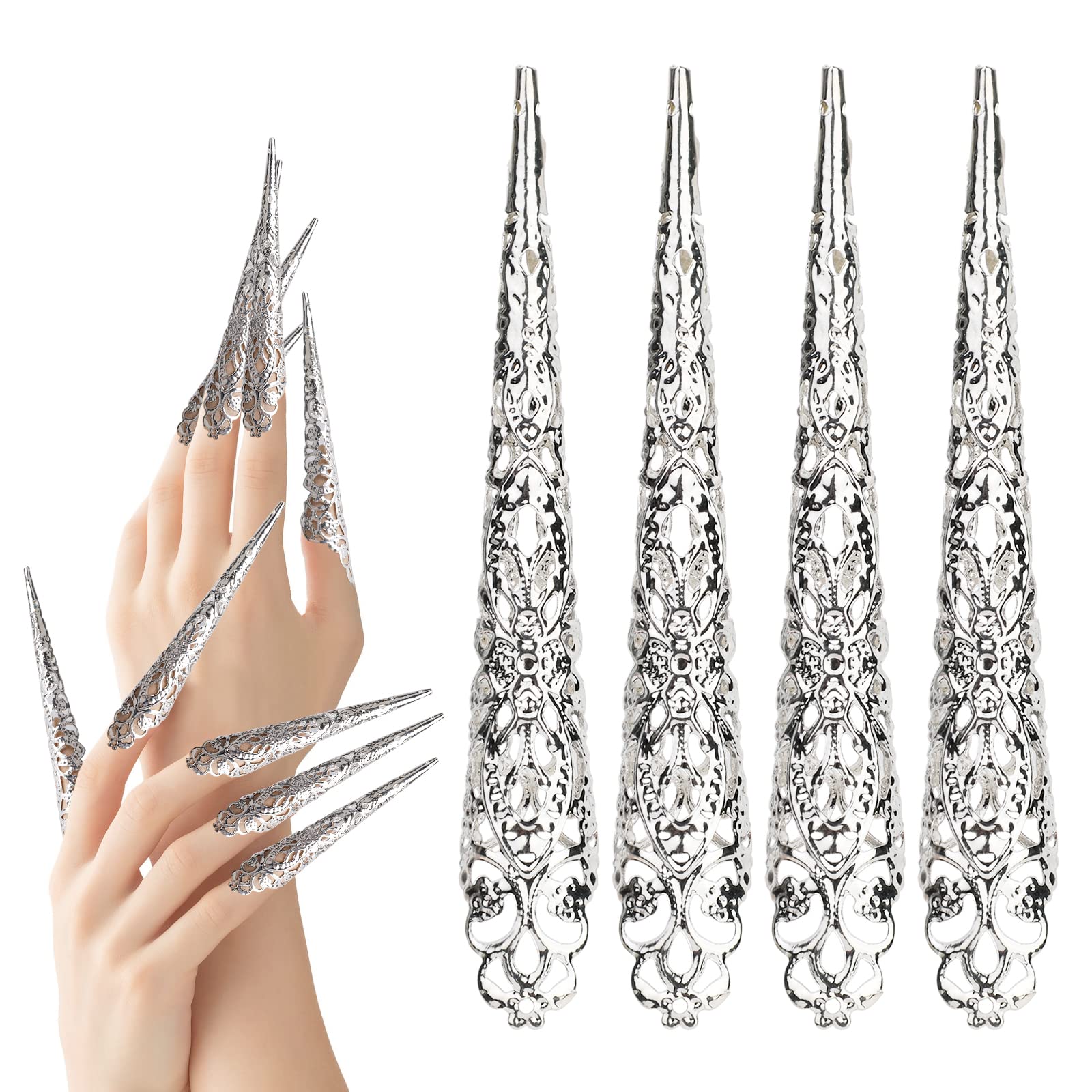 Mwoot 10 Pack Finger Nail Tip Claw Rings, Ancient Queen Costume Fingernail Claw Nail Rings Set, Knuckle Protectors Fingertip Claw for Halloween Cosplay Drama Belly Dance Show – Silver