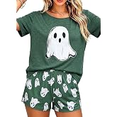 UNIQUEONE Women Halloween Pajamas Ghost Short Sleeve Sleepwear Lounge Set | Soft, breathable stretch fabric, relaxed fit, perfect for sleeping, lounging, Halloween party, movie nights,fall evenings