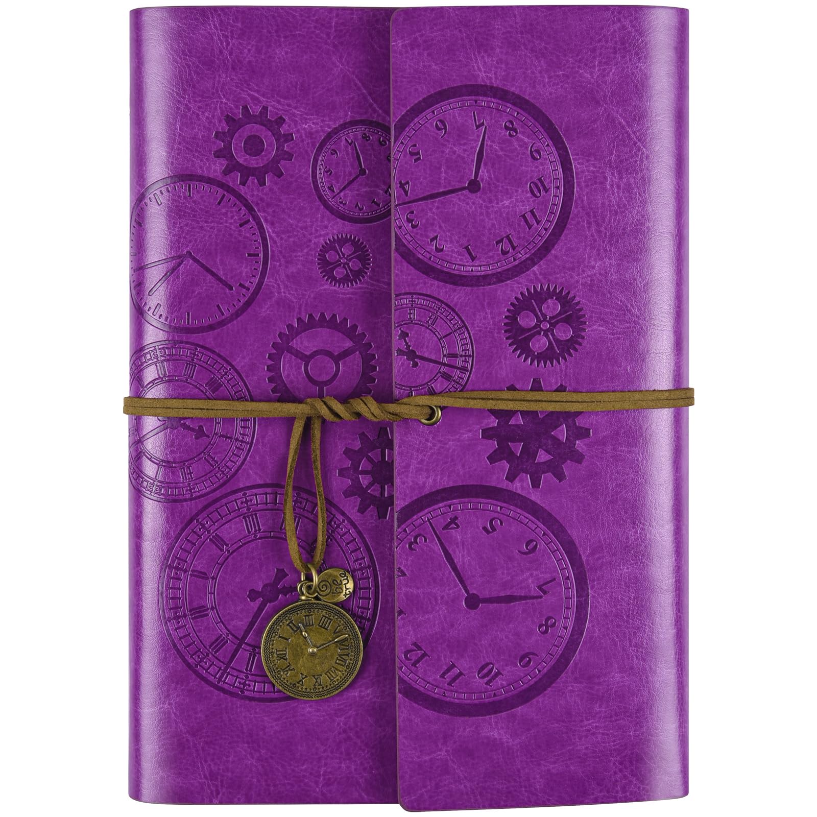 Leather Journal Notebook, Refillable Notebook with Lined Pages Vintage Writing Travelers Notebook Spiral Bound Journal, Gift for Men and Women Classic Embossed Retro Pendants 23x16.5cm（A5, Purple)