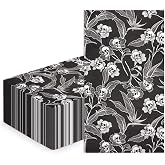 WRAPAHOLIC 50Pcs Gothic Halloween Paper Napkins - 3-Ply Black and White Gothic Floral Skull Guest Disposable Hand Towels for Bathroom, Halloween, Wedding, Birthday - 4.3 x 7.9 In