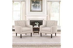 LUE BONA Upholstered Linen Accent Chairs Set of 2, Mid Century Living Room Chairs 18.5", Comfy Button Tufted Arm Chair, Accent Chair for Small Spaces, Bedroom, Living Room, Linen Color, 350LBS