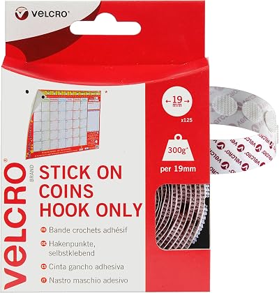VELCRO Brand Hook Stick On Coins White 19mm 125 Pack Double Sided Adhesive
