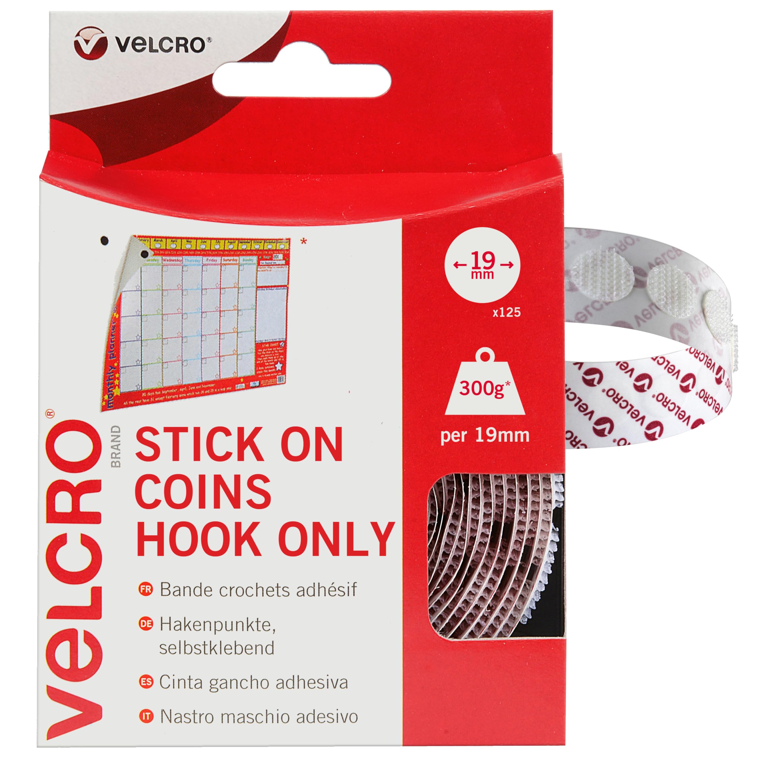 VELCRO® Brand | Stick On Coins | Hook Side only | Double Sided Self Adhesive Sticky Coins Perfect for Room Décor & Home, Office, Garage Use | White | 19mm x 19mm | Pack of 125