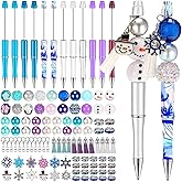 Qeeenar 12 Pcs Plastic Beadable Pens with 70 Pcs Colorful Crystal Beads 12 Tassels 12 Pendants Assorted Bead Pens Bulk DIY Beaded Ballpoint for Office Women Gifts(Snowflake)
