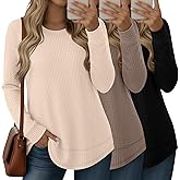 Velvelhall 3 Pack Women's Waffle Knit Sweatshirts Crew Neck Long Sleeve Tops Casual Loose Fit Pullover Tees Curved Hem Shirts