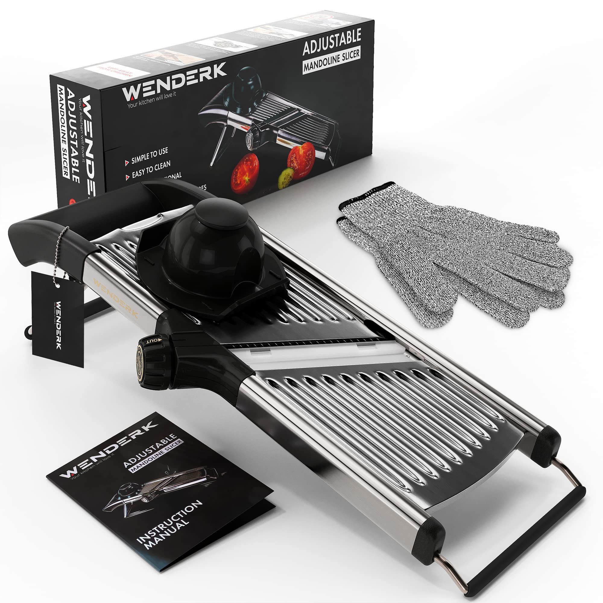 Photo 1 of WENDERK Adjustable Stainless Steel Mandoline Food Slicer with Cut Resistant Gloves [Upgraded] - Professional Handheld Kitchen Mandolin Julienne Cutter to Slice Vegetables Fruits Chips French Fry
