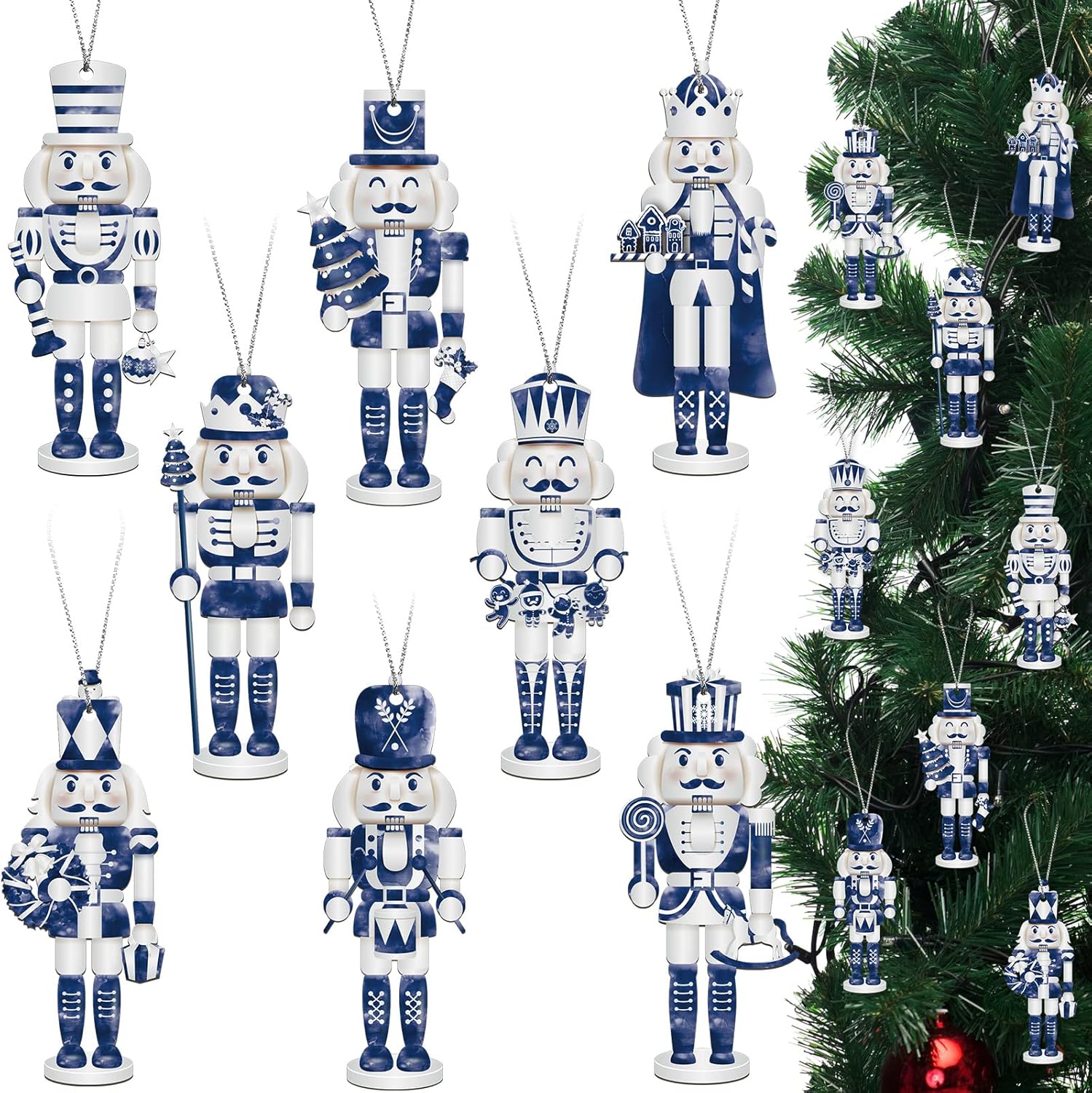 Nutcrackers - Yulejo 32 Pieces Chinoiserie Ornaments Blue and White Porcelain Pattern Christmas Cat Wooden Teapot Ornament Nutcracker Tea Hanging Pendant (Nutcracker)