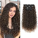 Clip in Hair Extensions, FLUFYMOOZ 4PC 100％ Pure Protein Silk Hair Extensions Long Soft Natural Hairpiece 20 Inch Curly Hair Extension for Women (Black with Copper Golden Blonde)