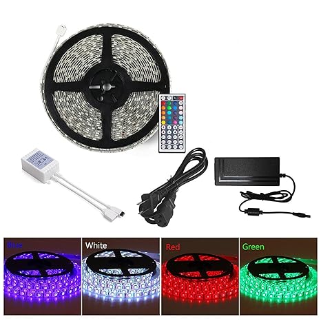 lkous resistente al agua IP65 LED Strip, tira LED, LED Banda, 10 m 5050 600 LED SMD (60 LED/metro) RGB + 44 Key mando a distancia + Fuente de alimentación ...