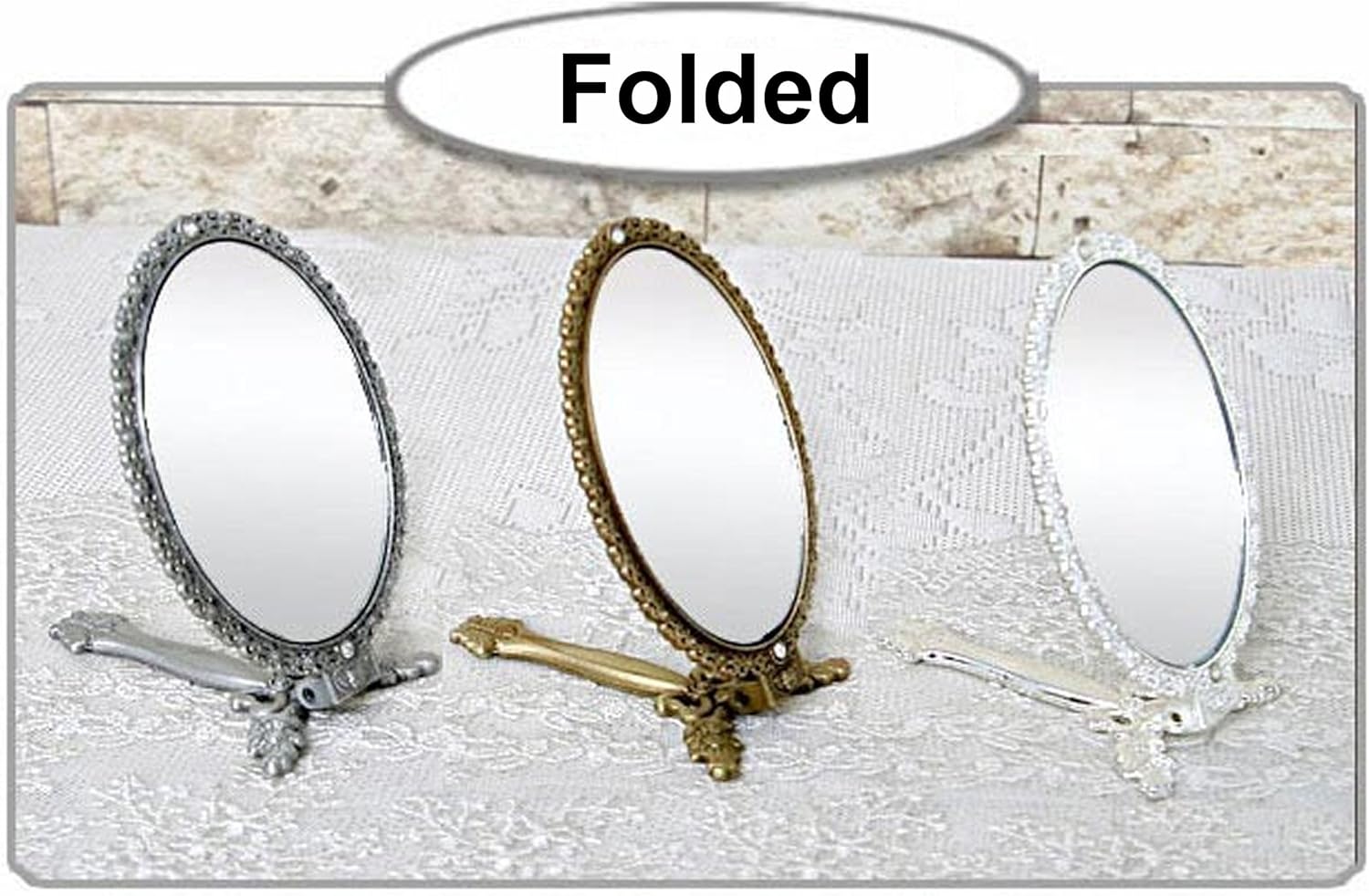 Butterfly Designed Double Sided Magnification Hand Held Makeup Metal Mirror Folding Handle Stand Travel Mirror (Large, Silver): Home & Kitchen
