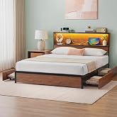 Zinus Kai Platform Bed Frame, Four Underbed Storage Drawers, Full | Two-Tier Headboard for Space-Saving Storage, Mood Setting RGB LED Lights, Built-in USB Charging Station, Ambient Night Light