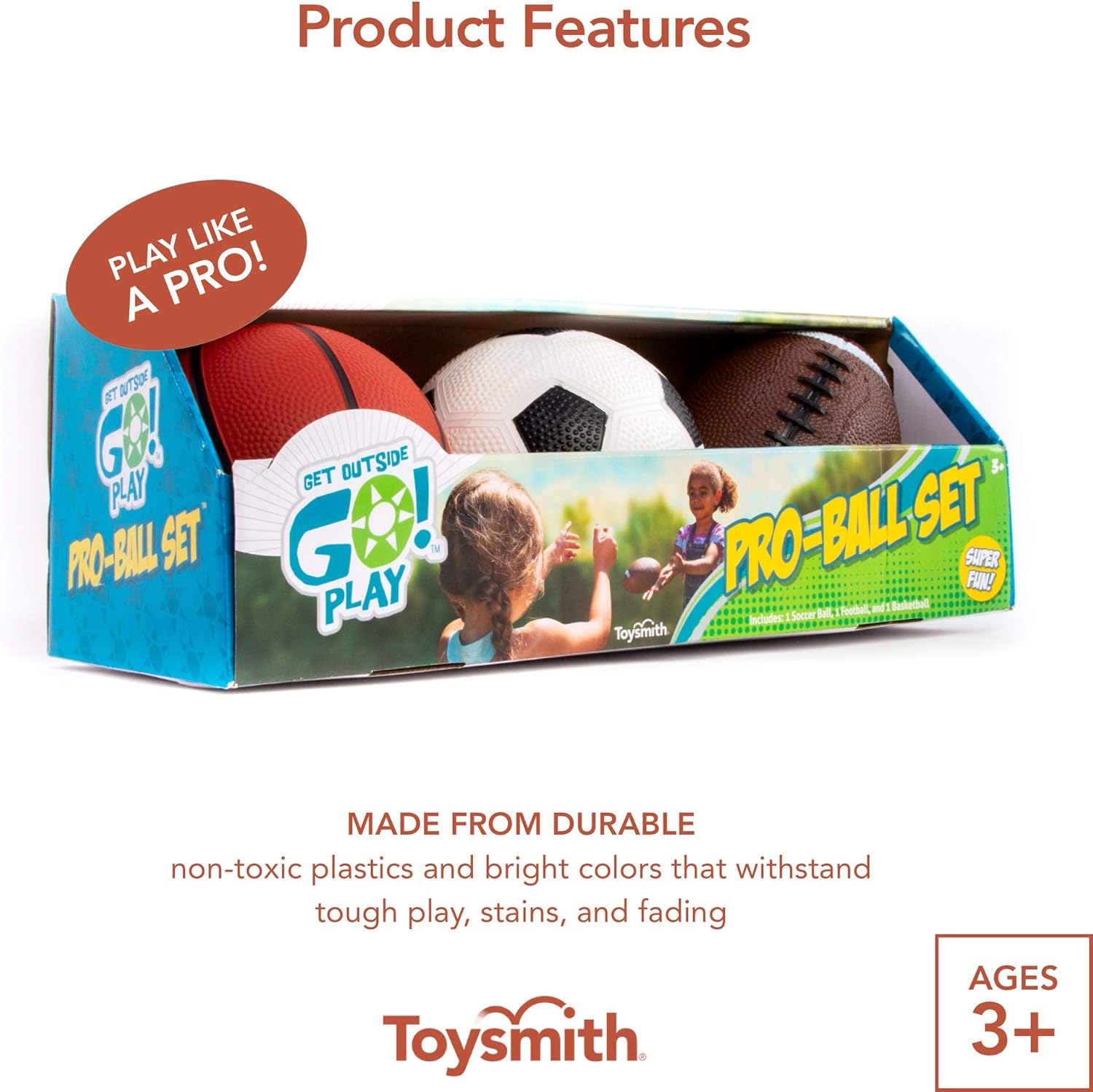 Toysmith Get Outside GO! Pro-Ball Set, Pack of 3 (5-inch soccer ball,6.5-inch football and 5-inch basketball): Toys & Games