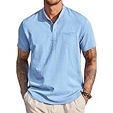 COOFANDY Mens Linen Shirt Short Sleeve Henley Shirts Casual Summer Beach Shirt Band Collar T Shirt Fashion Hawaiian Shirt Light Blue