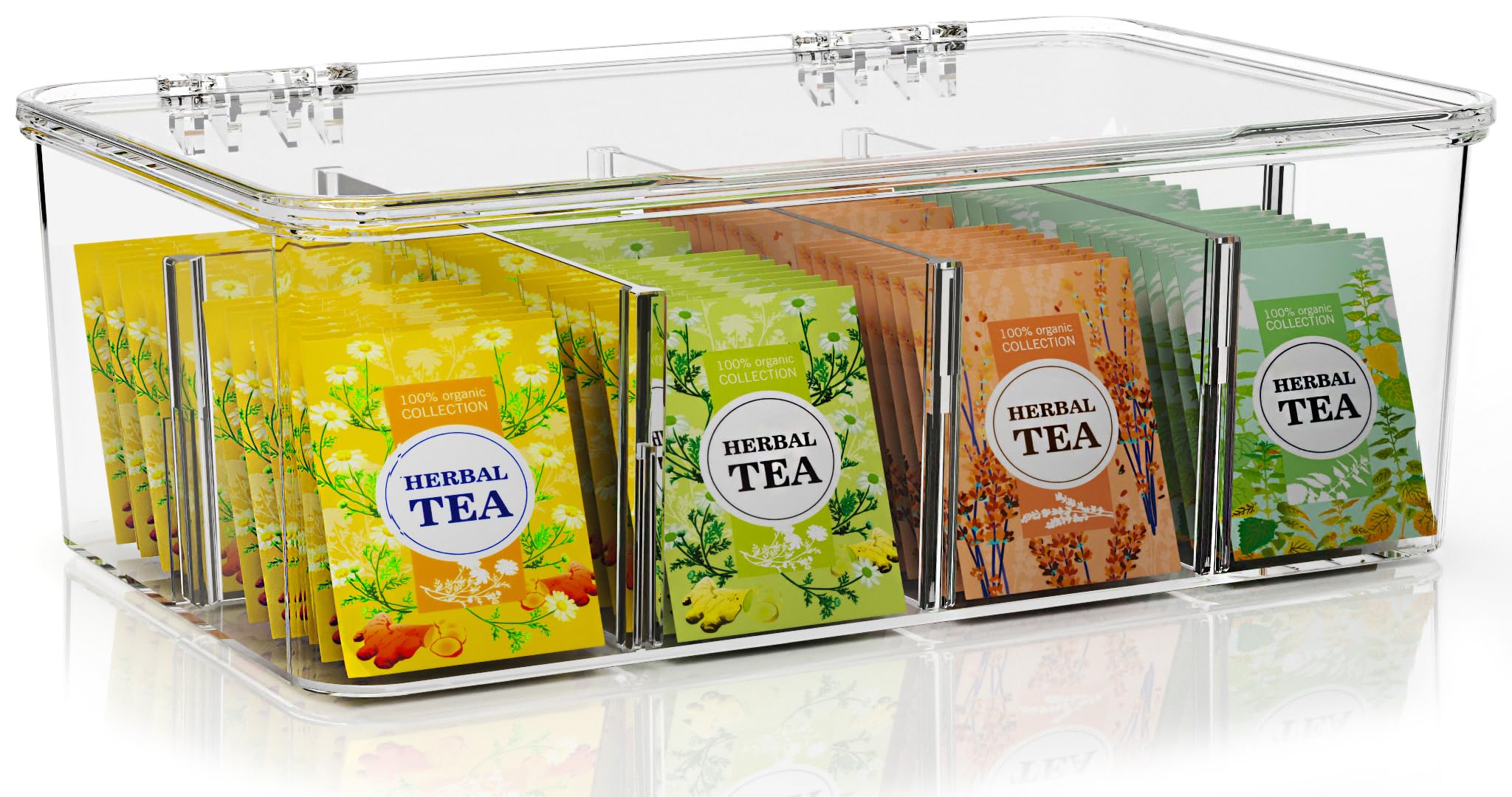 KICHLY Plastic Tea Bag Holder (Pack of 1) Plastic Tea Box Organizer With Lid - 8 Compartments Organizer for Kitchen Countertops, Cabinets, Pantry (Clear)