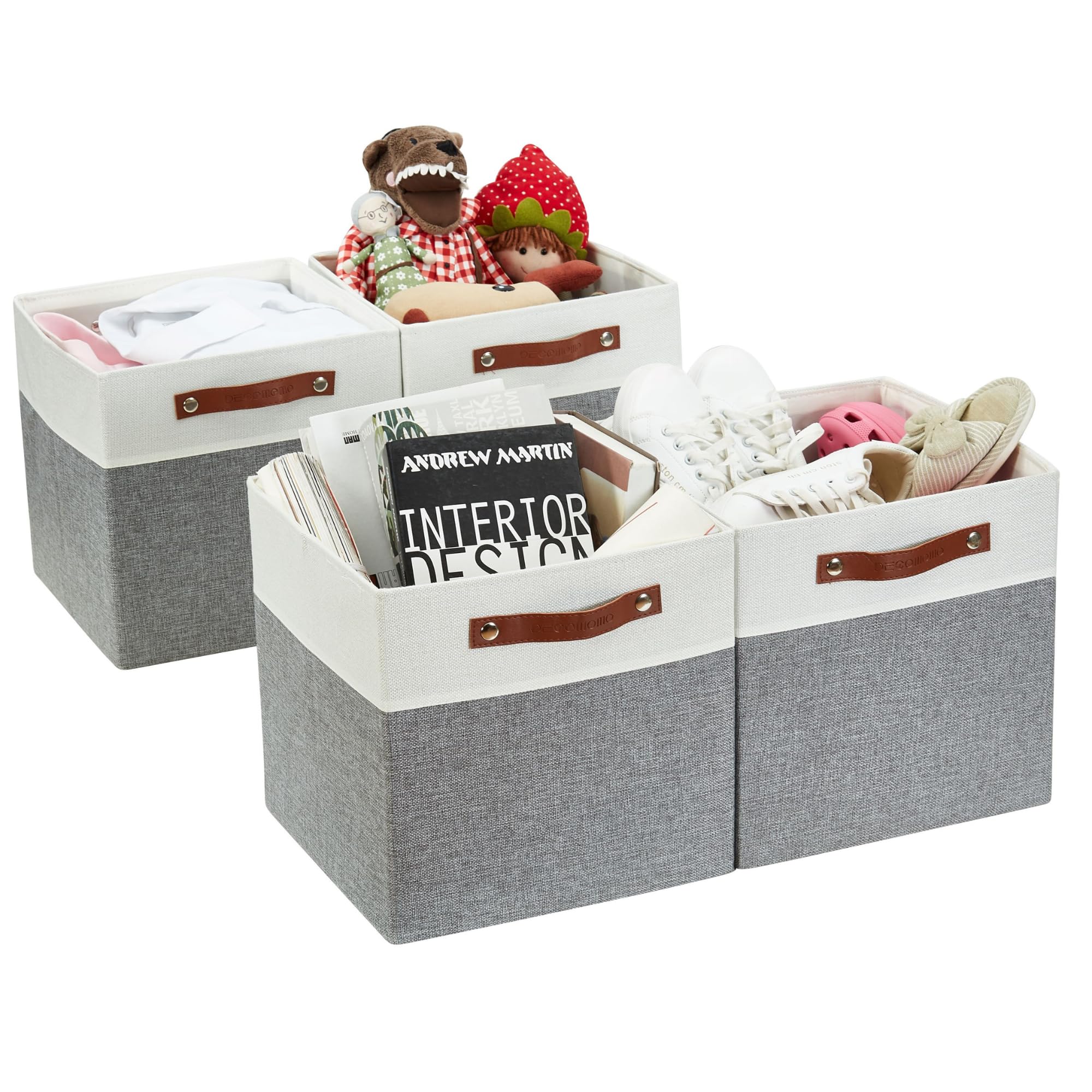 DECOMOMO Kallax Storage Boxes | Storage Cubes 28x28x28cm Fabric Organiser Storage for Wardrobe, Toys, Shelves, Office, Home & Nursery (Grey & White- Set of 4)
