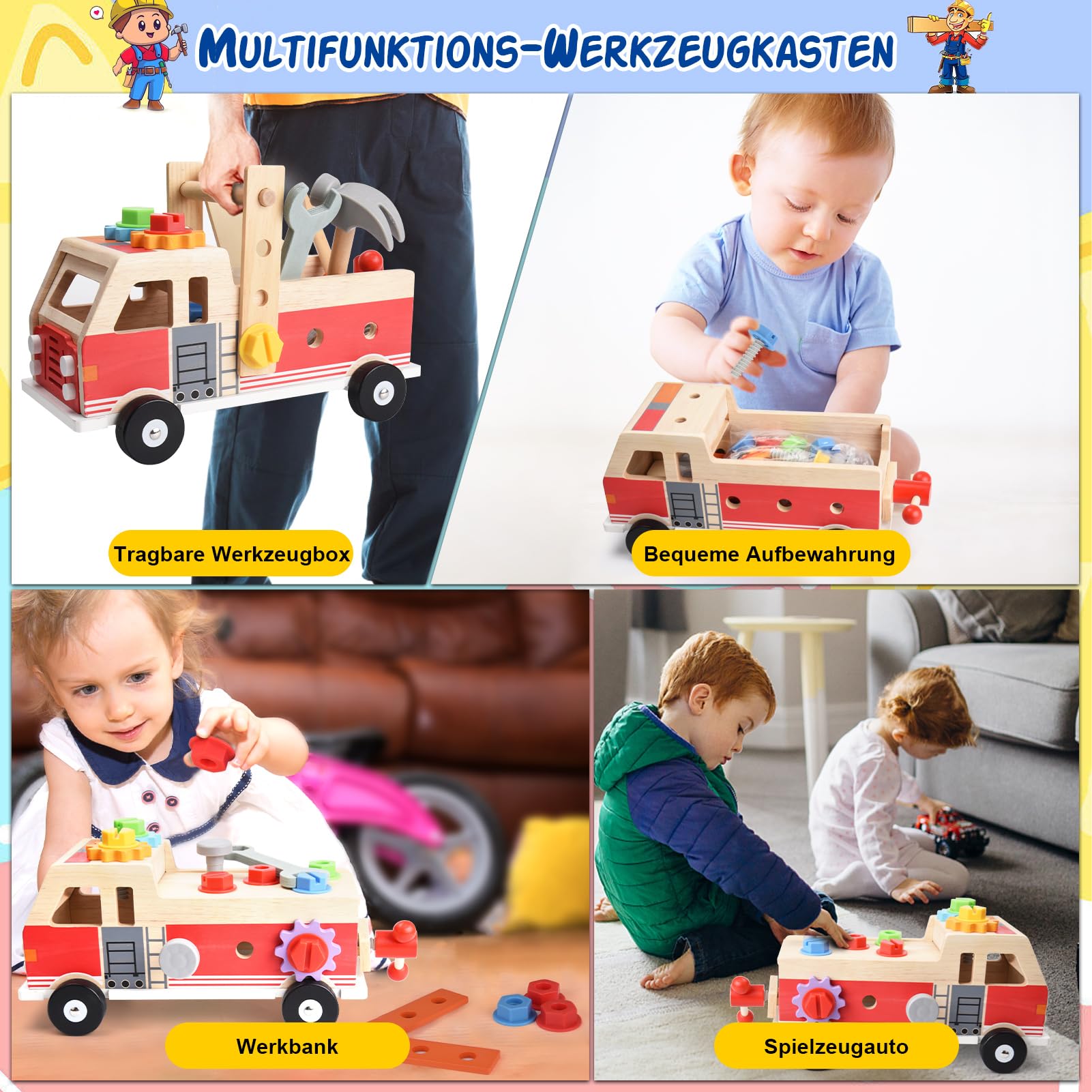 Nauotk Werkzeugkoffer Kinder Werkbank, Montessori Werkzeug Holzspielzeug Spielzeug ab 2 3 4 Jahre, Kinderwerkzeug Werkzeugwagen, Werkzeuggürtel Koffer Lernspiele Geschenk Junge Mädchen ab 3 Jahren 2