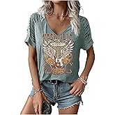 Wudlads Retro Cowboy Graphic T Shirt for Women Vintage Country Music Hollowed Short Sleeve Shirts Summer V Neck Casual Tops