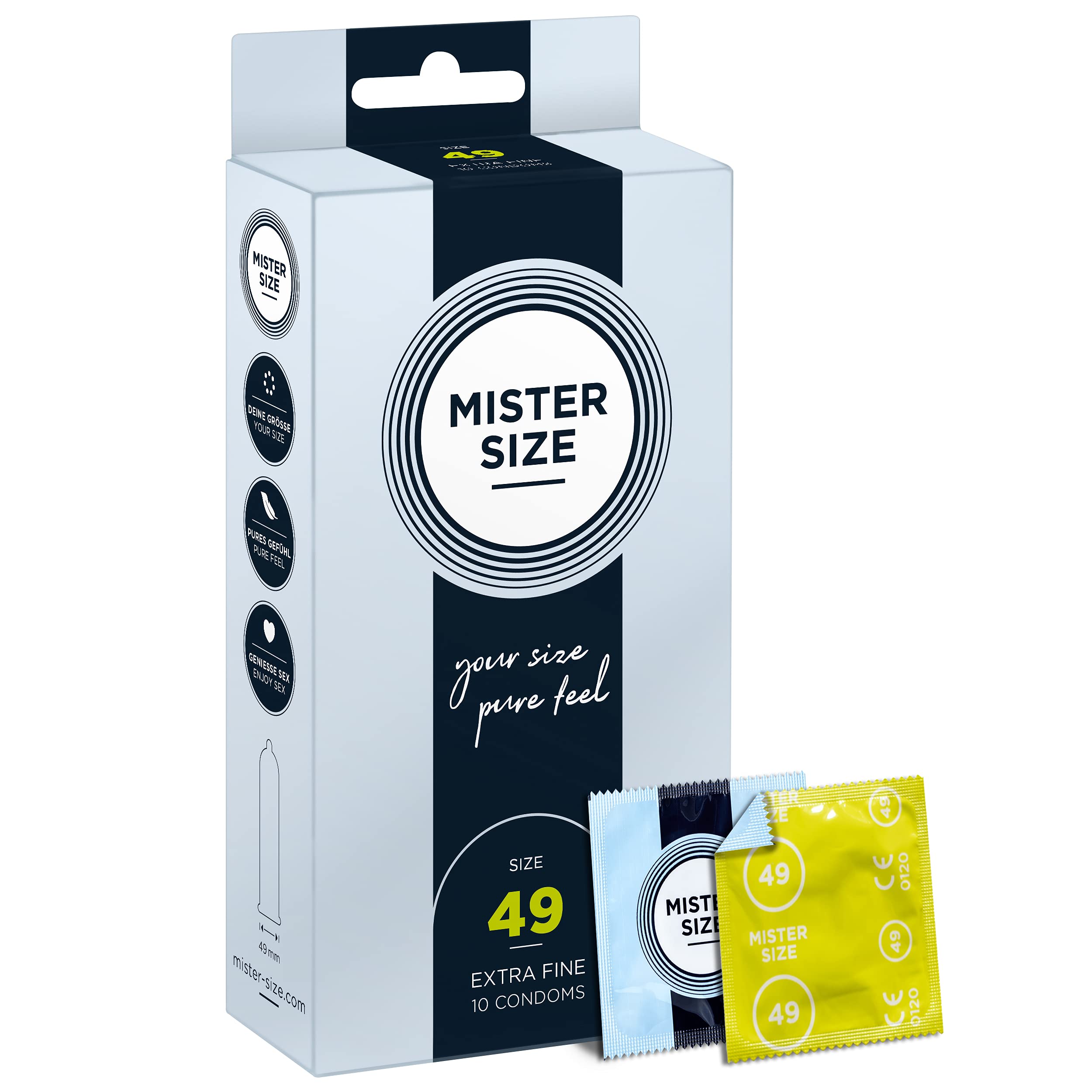 MISTER SIZE 49mm Ultra-Sensitive Condoms for Men - Extra Thin, Extra fine/Made from 100% Natural Rubber Latex in Your Size XS - S/Real Feel Pack of 10