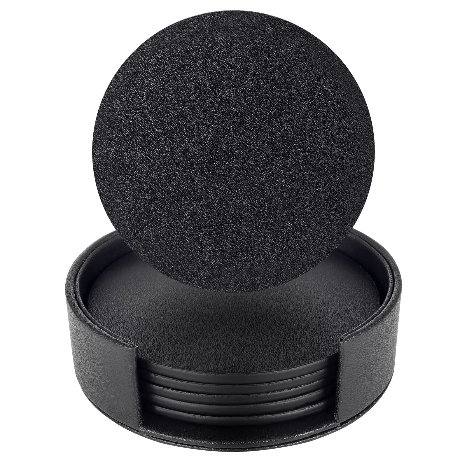 lovingmona Coasters Set of 6 Black Coasters with Holder Black Round Drink Coaster PU Leather Cup Mats for Coffee Beer Tea Mug Wine Pub Home Office Bars