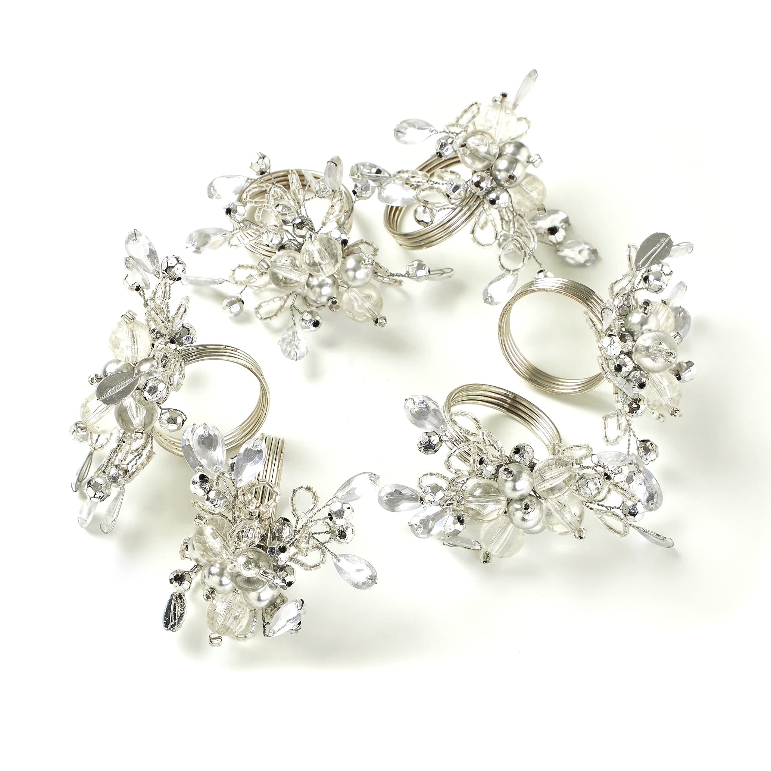 Penguin Home Set of 6 Handcrafted Floral Style Beaded Napkin Rings/Napkin Buckles/Table Decor for Dinner Wedding Party/Thanksgiving, Christmas / 10.5 x 10.5 x 6.5 cm/White & Silver