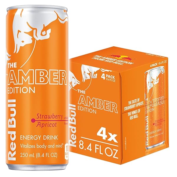 RED BULL AMBER EDITION ENERGY DRINK, STRAWBERRY APRICOT, WITH 80MG CAFFEINE PLUS TAURINE & B VITAMINS, 8.4 FL OZ, PACK OF 4 CANS
