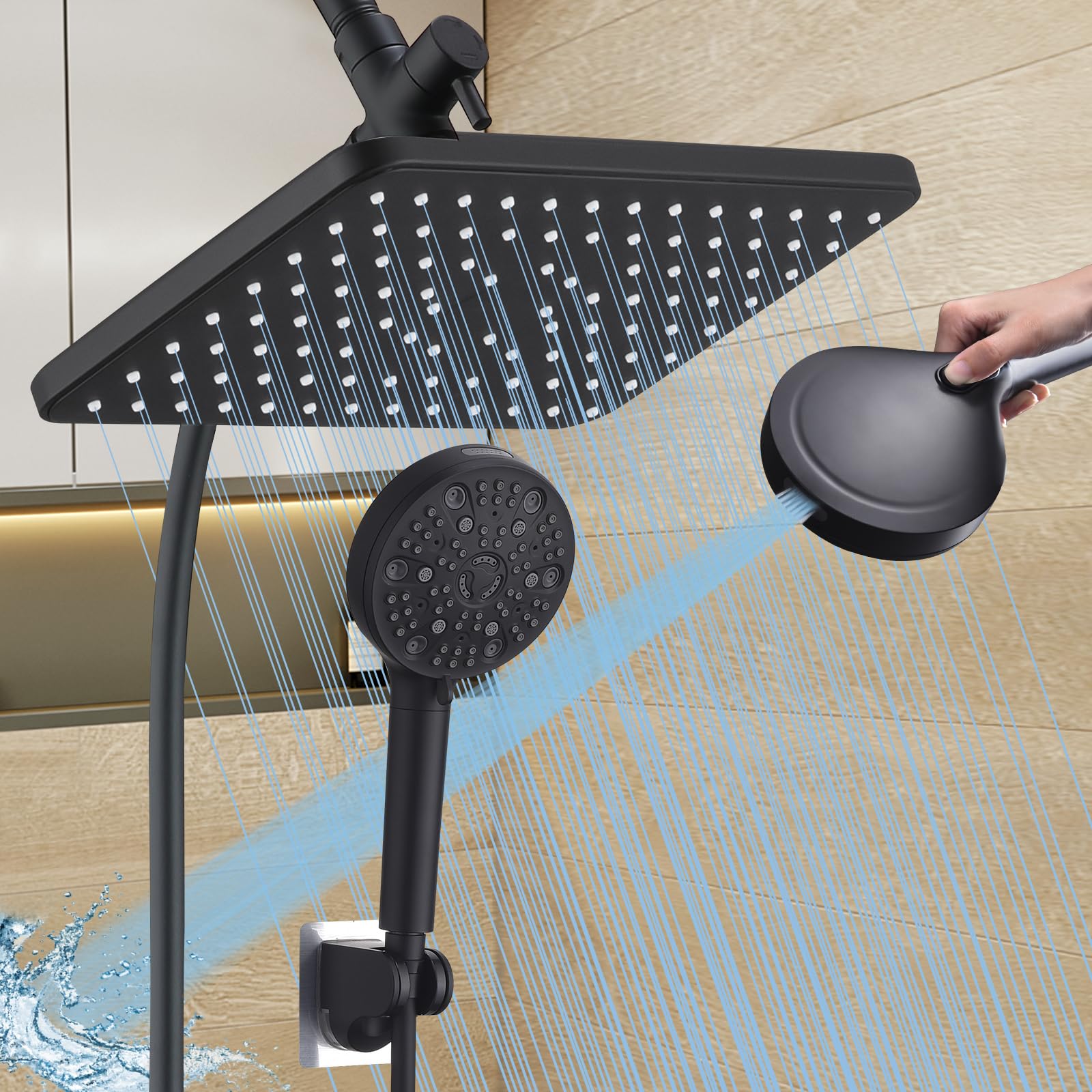 Photo 1 of GAOZHIBST 12 Inch Rain Shower Head High Pressure Dual Shower Heads Rainfall Showerhead with 9 Sprays Handheld Spray Combo & 70"Long Fixed Showerheads Hose, Matte Black Bathroom Accessories
