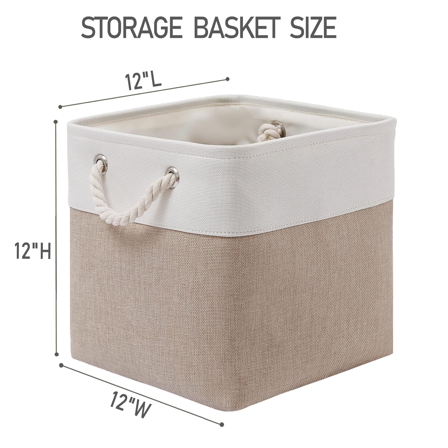 ICEMOR 30.5 x30.5cm Cube Aufbewahrungsbehälter, 6 Pack große Stoff Aufbewahrungsbehälter mit Seilen, faltbare Aufbewahrungswürfel für Haus, Kleiderschrank, Kleidung, Spielzeug Organizer (Weiß & Beige) 6
