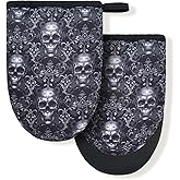 Black Gothic Skull Goth Skeleton Flower Mini Silicone Oven Mitts, Heat Slip Resistant Kitchen Gloves 2-Pack Set, Soft Short Small Oven Mittens Pot Holders for Baking Grilling Barbecue Microwave Gift
