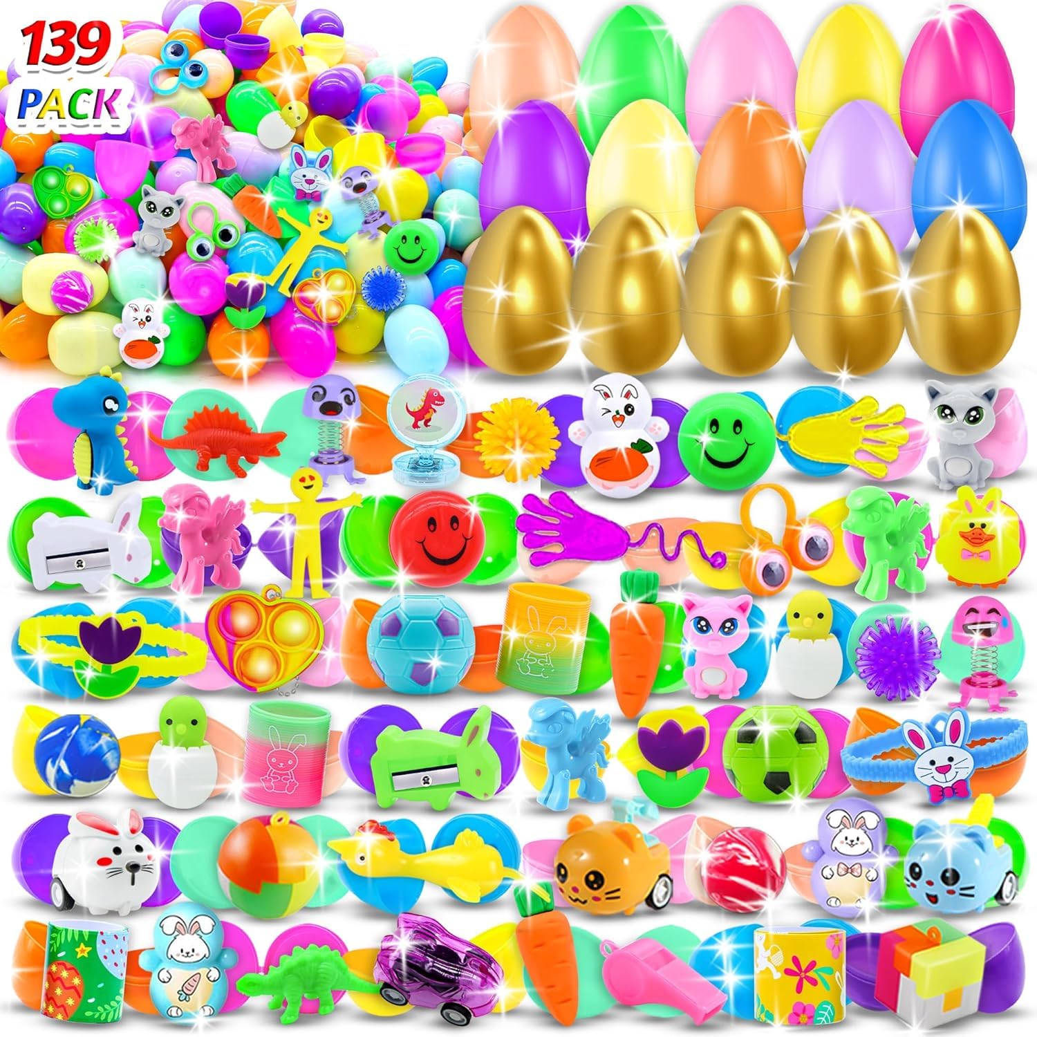 Pistroy 139 Pack Prefilled Easter Eggs with Toys Inside, Plastic Eggs Fillers Basket Stuffers Easter Eggs Hunt Games Party Favors Save Time Gifts