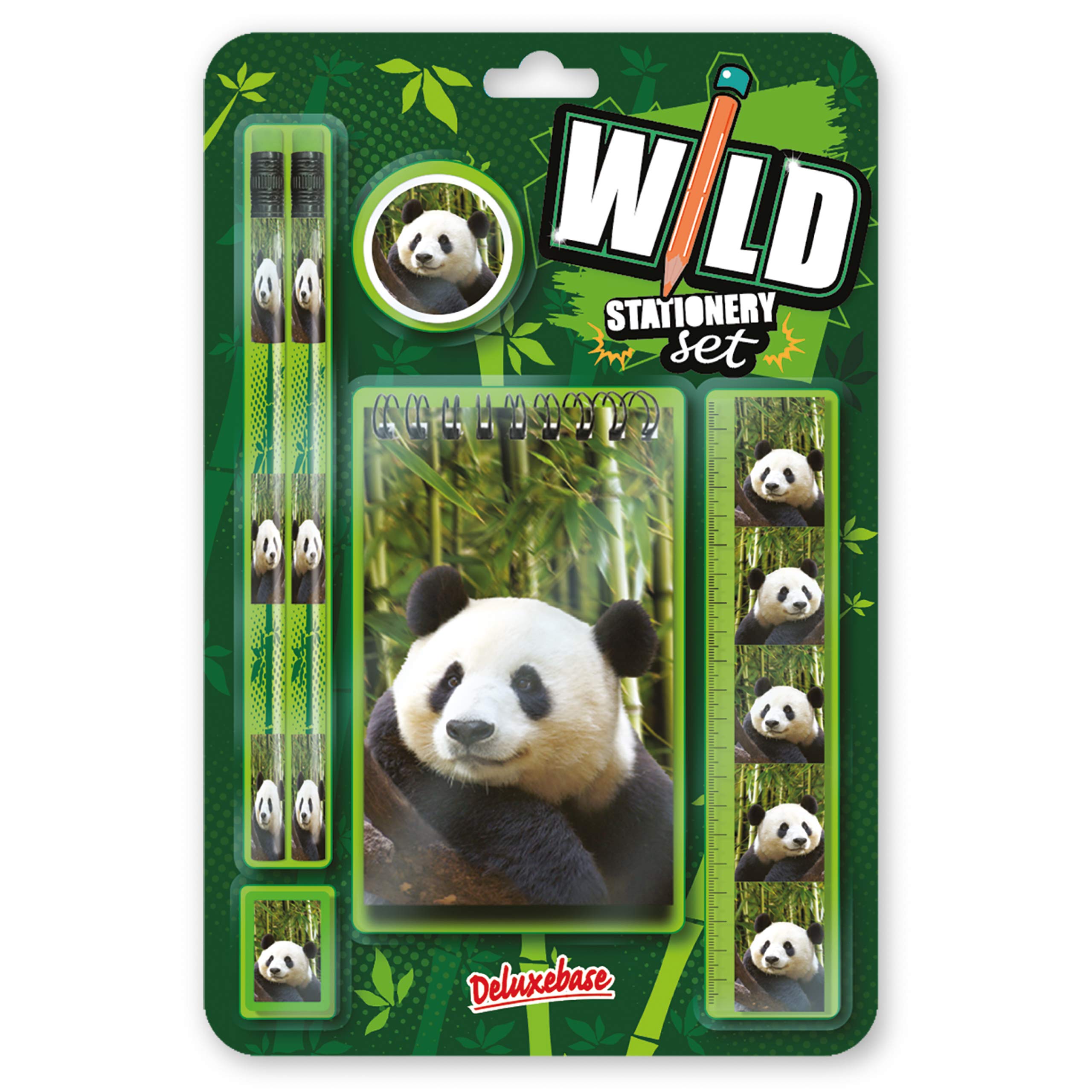 Deluxebase Wild Stationery Set – Panda, 6 Piece School Supplies Set including Notebook, 2 Pencils, Ruler, Pencil Eraser and Sharpener, Fun Animal Stationery Gifts for Kids and Students.