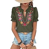 ZILIN Women's Casual Floral Embroidered V Neck Boho Short Puff Sleeve Shirts Loose Summer Blouses Tops Fashion Clothes 2026