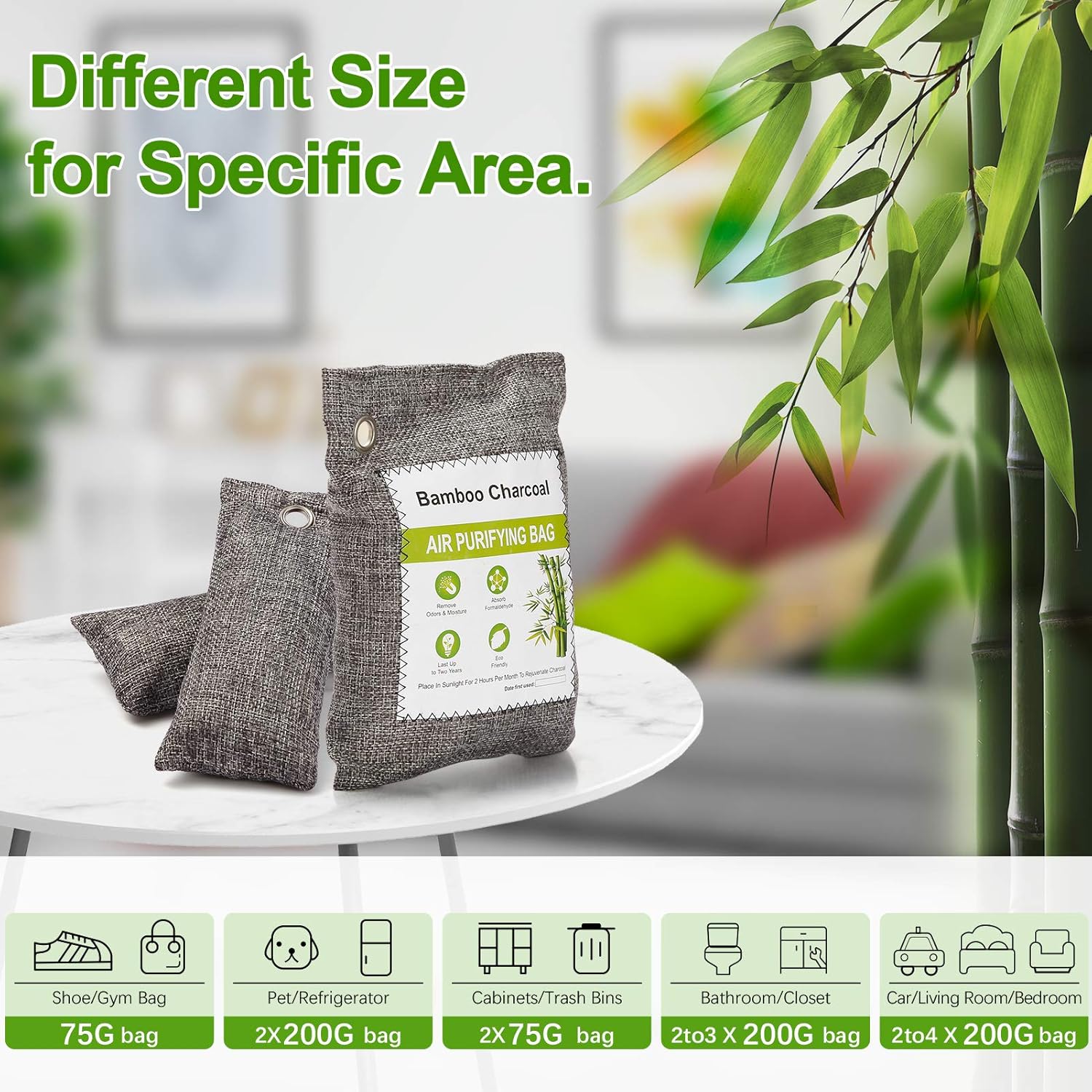 10 Pack Bamboo Charcoal Air Purifying Bag, Activated Charcoal Bags Odor Absorber, Moisture Absorber, Natural Car Air Freshener, Shoe Deodorizer, Odor Eliminators For Home, Pet, Closet ( 6x75g, 4x200g): Kitchen & Dining
