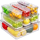 Pure Future 10-Pack Fridge Organizers and Storage with Lids - Clear Plastic Refrigerator Bins with Drain Trays - Stackable Pr