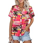 Womens Hawaiian Shirts V Neck Short Sleeve Button Floral Printed T-Shirt Summer Casual Pleated Trendy Blouses Tops
