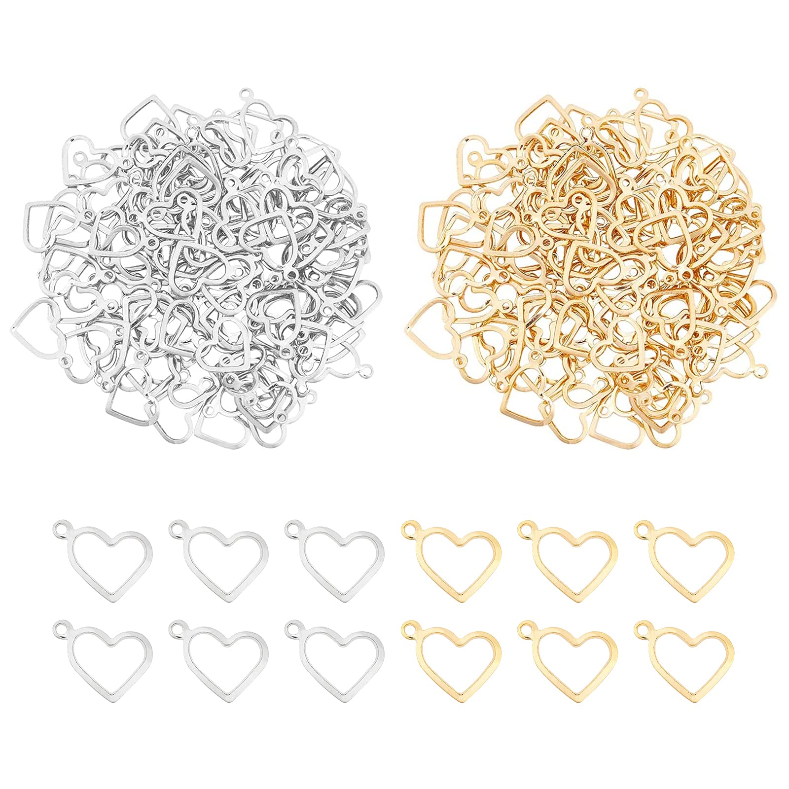 UNICRAFTALE 100pcs 2 Colors Heart Charm Heart Pendants Metal Love Charms Stainless Steel Pendants Heart Jewelry Pendants 1mm Hole Necklace Pendants for Jewelry Making 10mm
