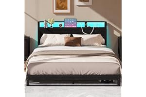 MUZERUL Double Size Bed Frame with Ergonomic Storage Headboard,Heavy Duty Low Platform Bed Frame Full Size with Charging Stat