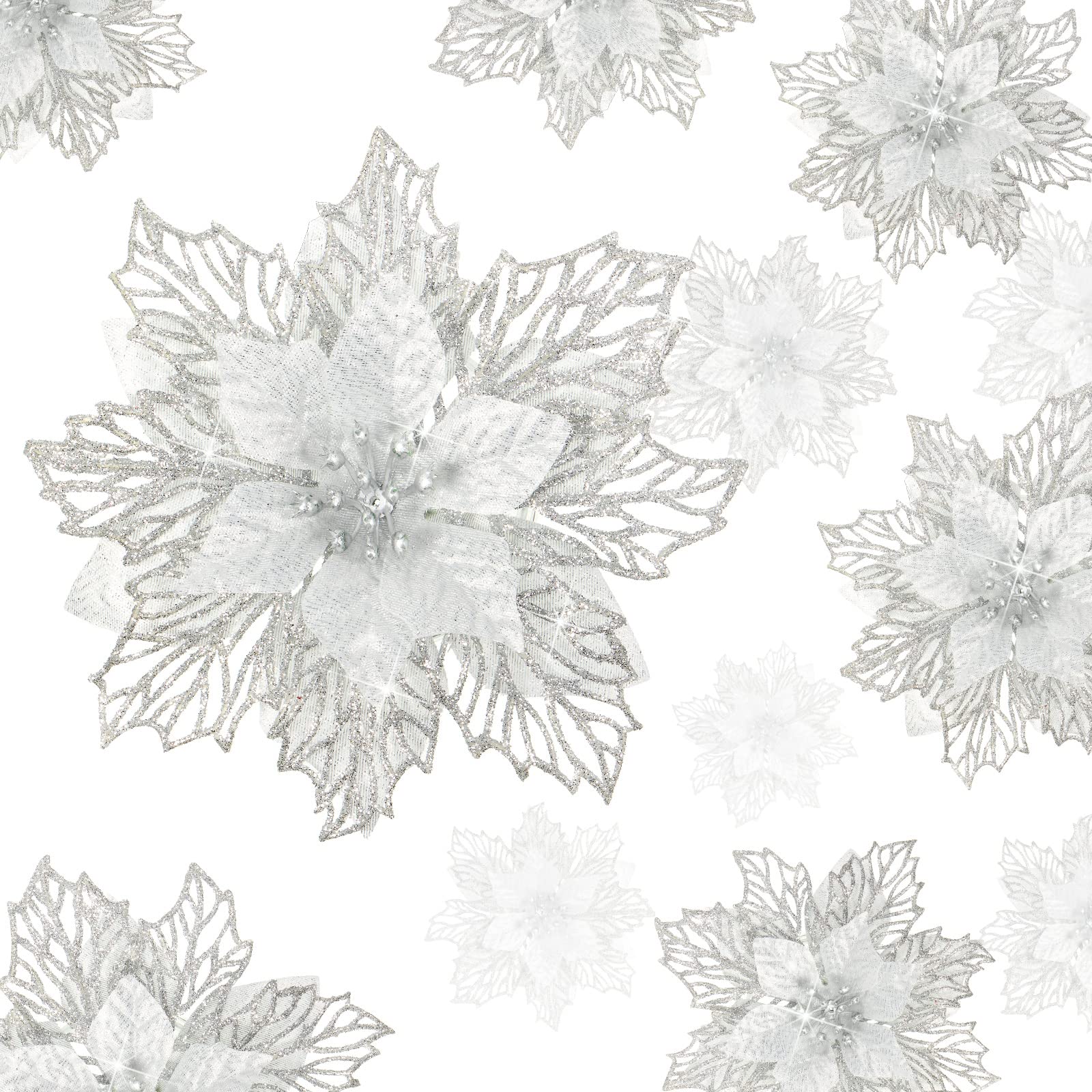 Geosar 36 Pcs 3 Size Christmas Poinsettia Flowers 3'' 4'' 6'' Tree Decorations Glitter Faux Flowers Xmas Artificial Poinsettia Ornaments New Year for Party Favor(Silver)