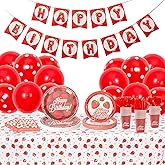 Strawberry Birthday Party Supplies, Serves 24, Includes Plates, Cups, Napkins, Banner, Balloon and Tablecloth, for Strawberry Themed Happy Birthday Decoration, Disposable Tableware Party Pack, 182 pcs