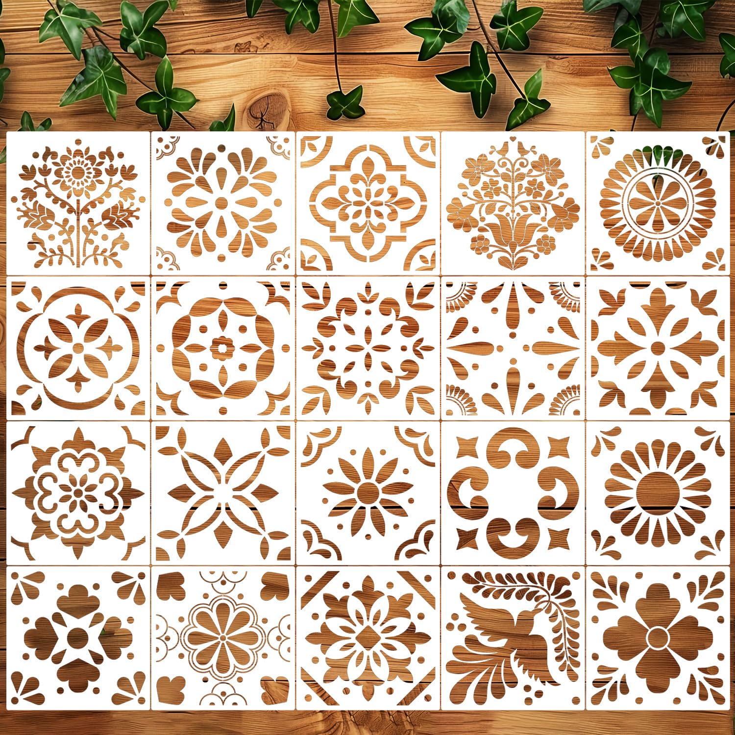 Photo 1 of Talavera Stencil Reusable Tile Stencil 8inch Floral Folk Mexican Stencils for Painting on Wall Floor Furniture Wood Home Decor