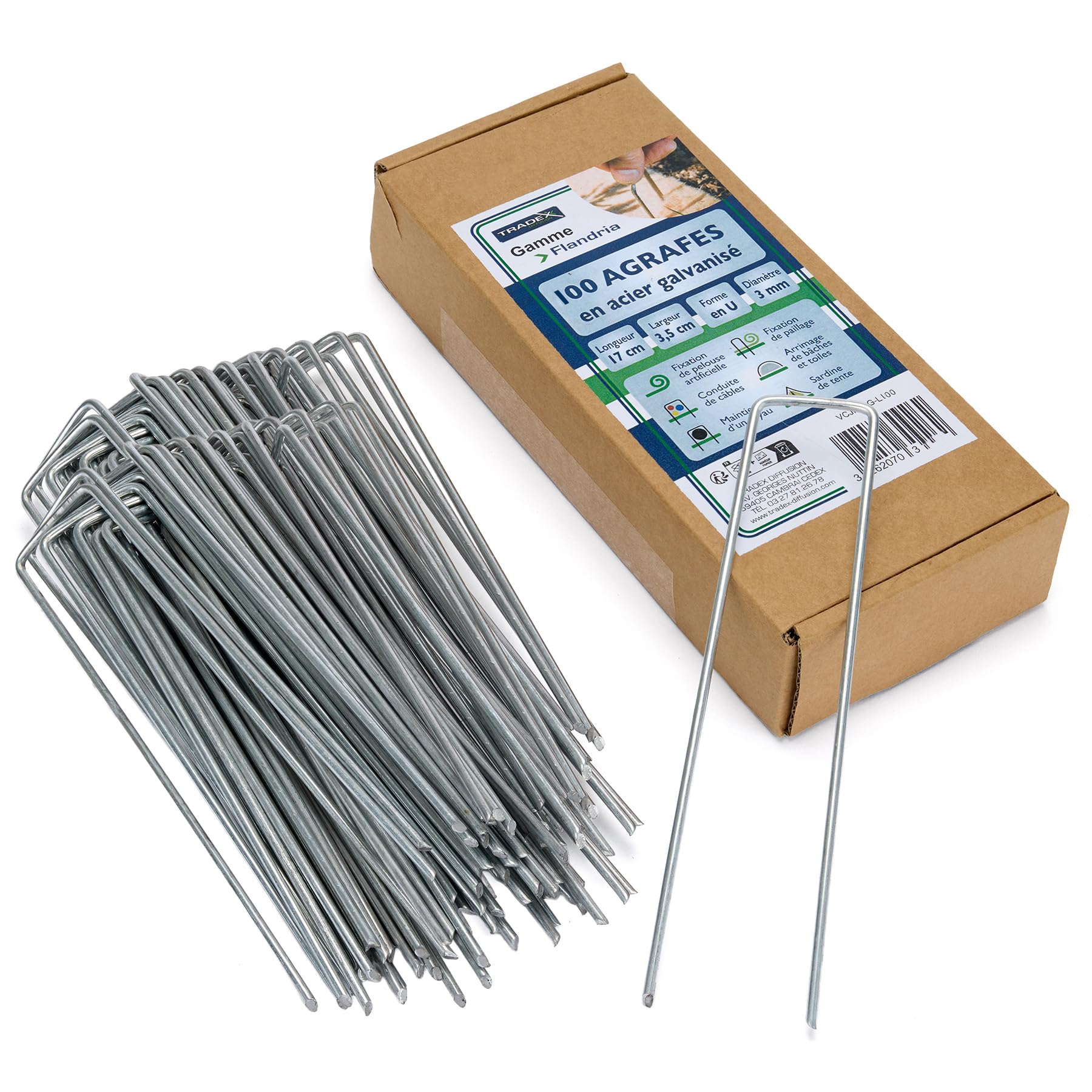 Flandria 100 Galvanized Steel Staples, 3 mm Thickness, 17 cm, Pack of 100